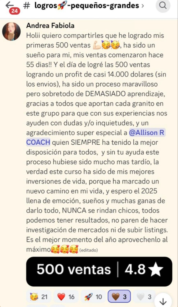 Mensaje de Andrea Fabiola en la comunidad contando sus primeras 500 ventas y casi $14,000 de profit en 55 días, con insignia de 500 ventas y 4.8 estrellas
